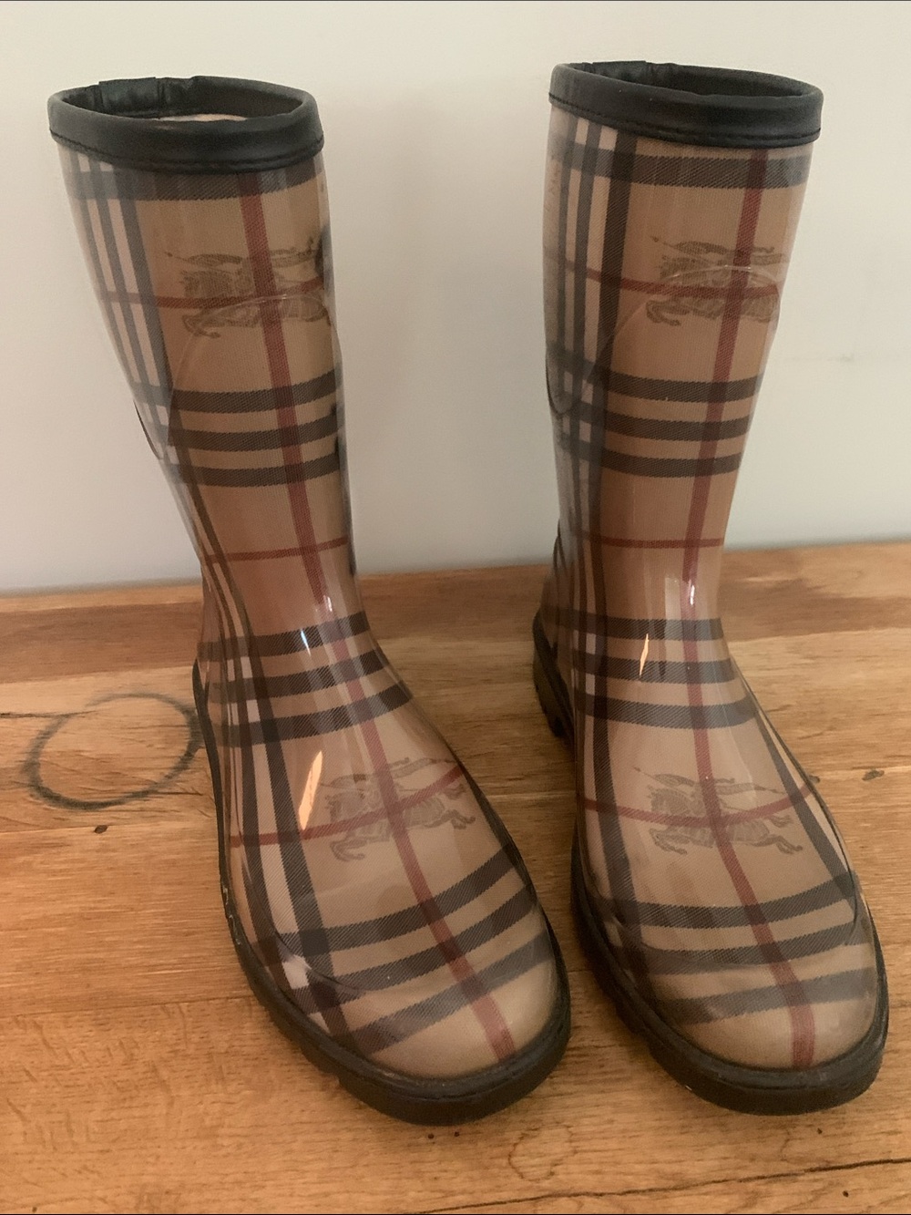 Burberry Tan Black Red Plaid Knee-High Rain Boots